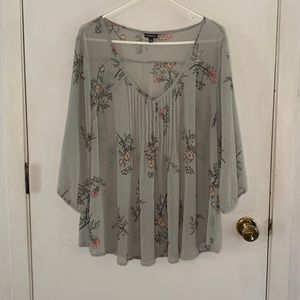 Torrid Size 2 grey sheer pink floral blouse with pleated front and tie back